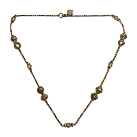 Liz Claiborne Jewelry - Liz Claiborne Gold Tone Station Necklace Frosted Peach Beads Filigree Caps 26in